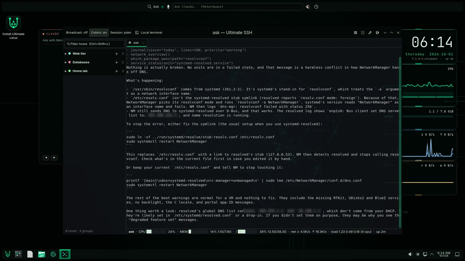 A terminal running journalctl -b -p err piped into ask what is failing. Claude lists the read-only tools it used, then answers: nothing is actually broken, explains a NetworkManager and resolv.conf conflict, and gives two commands to fix it.