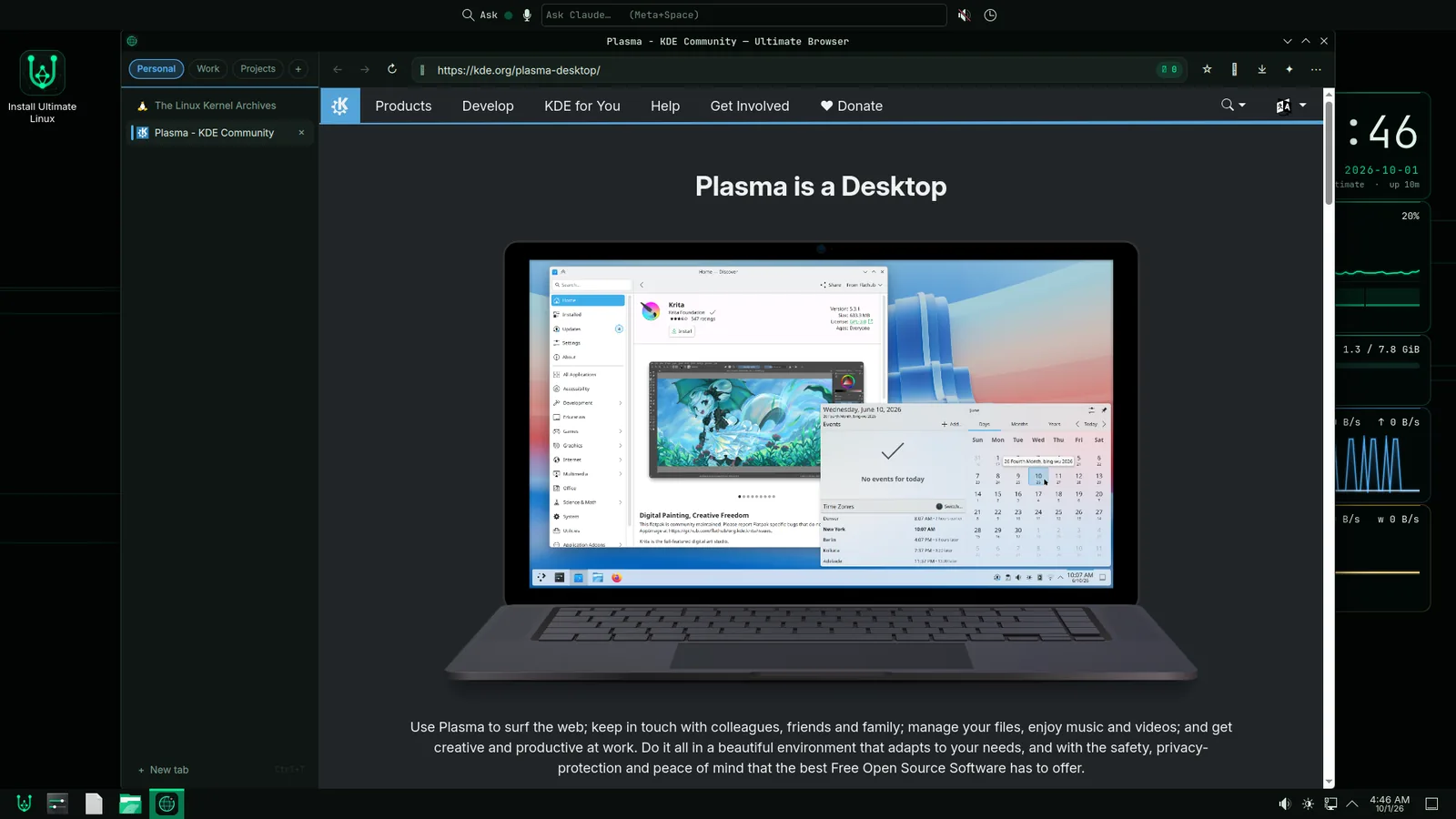 Ultimate Browser with workspaces and vertical tabs, showing the KDE Plasma website