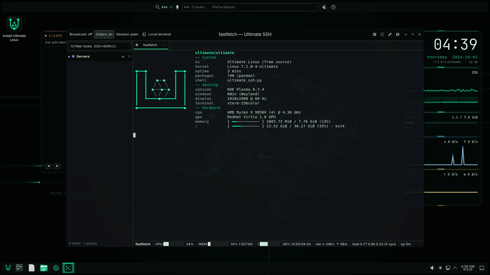 fastfetch output: Ultimate Linux (from source), kernel 7.1.8-4-ultimate, 740 pacman packages, KDE Plasma 6.7.4 on Wayland