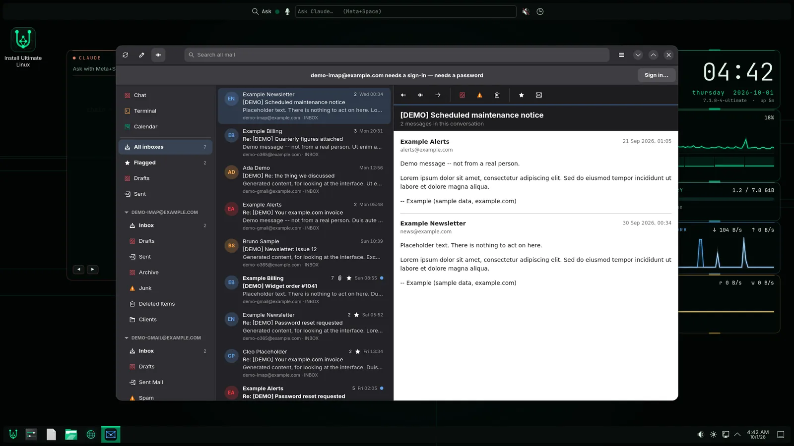 Ultimate Mail showing a demo inbox with threaded conversations