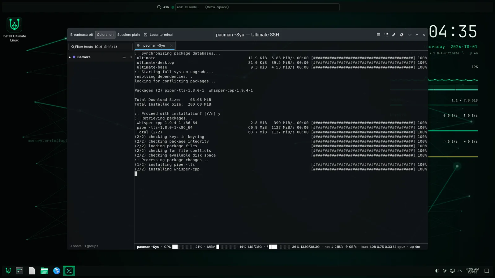 pacman -Syu syncing the ultimate, ultimate-desktop and ultimate-base repositories and installing two updates after checking their signatures