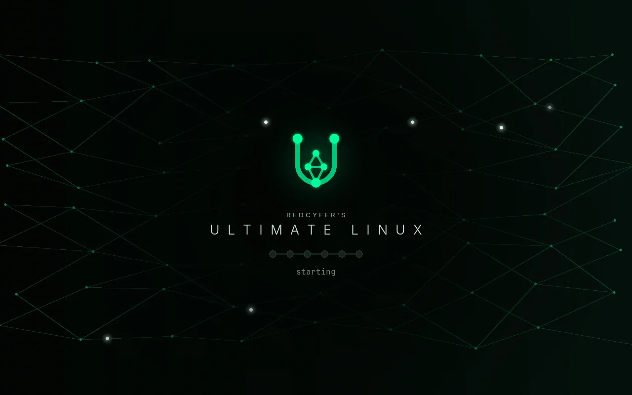 The boot splash: the network-U logo glowing green over a faint mesh, with REDCYFER'S above the spaced words ULTIMATE LINUX and a row of progress dots