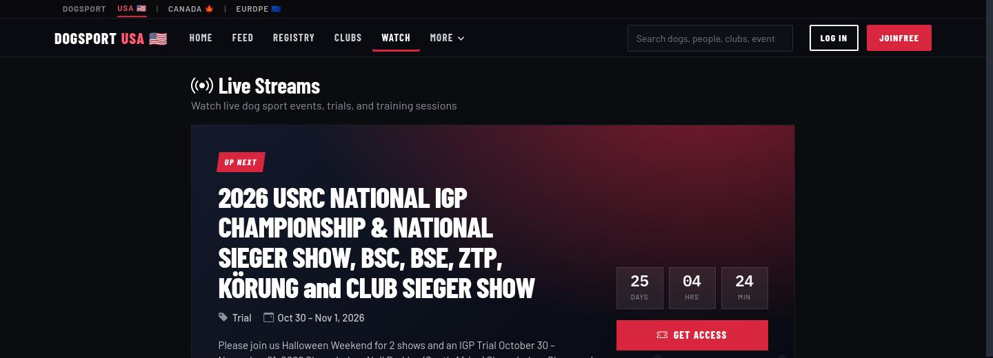 DogSport USA's watch page with the next championship broadcast