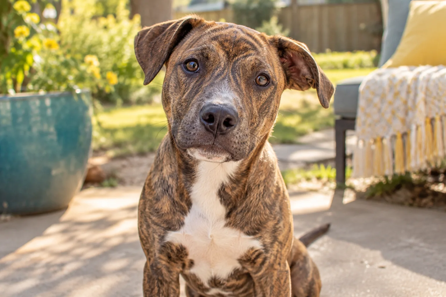 A young brindle mixed-breed dog sitting in a sunny yard, central face close portrait