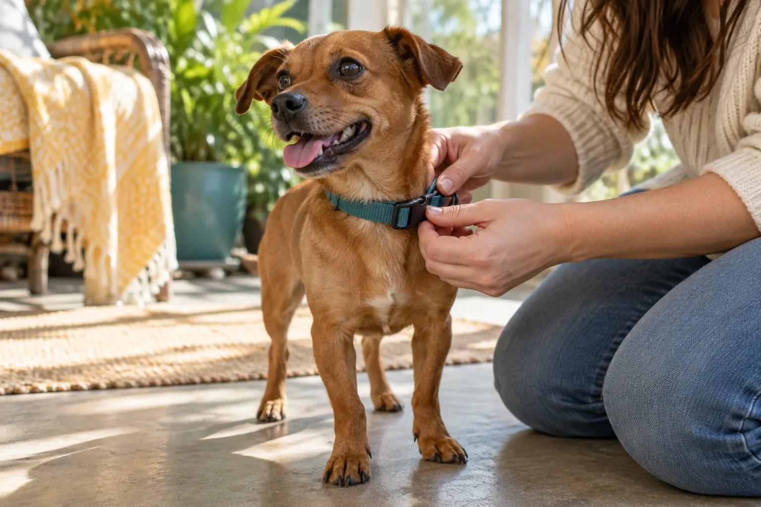 Close view of a person's natural hands gently fastening a simple collar on a healthy small brown dog in a sunny foster home