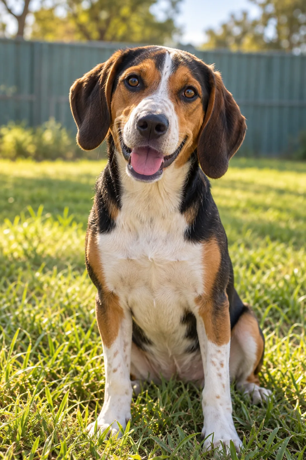June, a tricolor hound, sitting in a sunny rescue yard