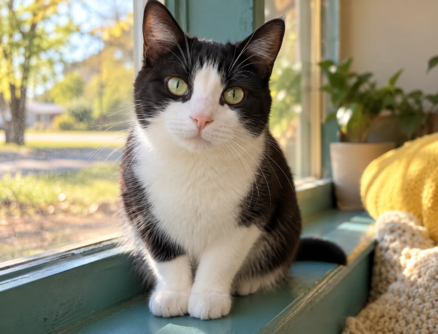 A friendly black and white adult cat sitting on a low teal-painted windowsill, close central face portrait