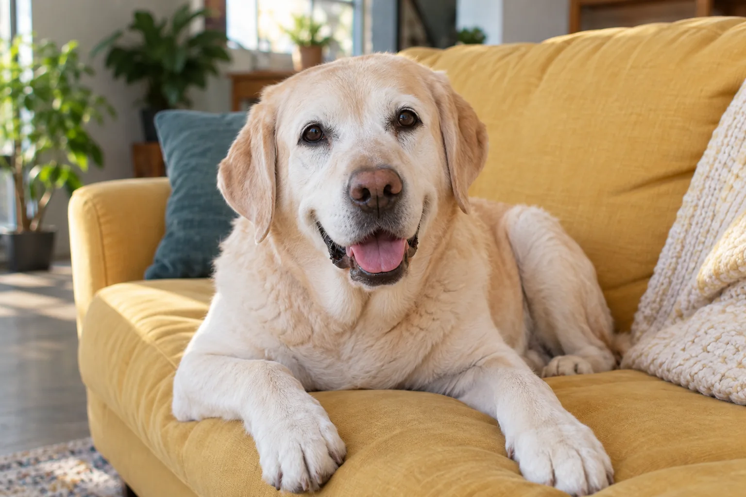 A gentle senior cream Labrador resting on a soft yellow couch in a foster home, central face close portrait