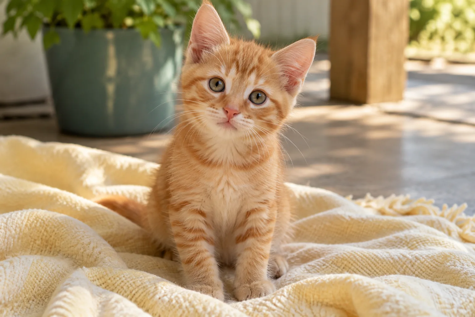 A curious ginger kitten sitting on a pale cotton blanket, central face close portrait