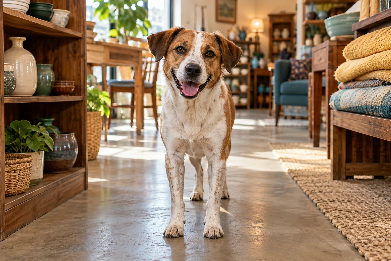 A tidy small-town thrift store interior, wooden shelves with unmarked pottery, folded blankets and plain furniture, no signs or labels