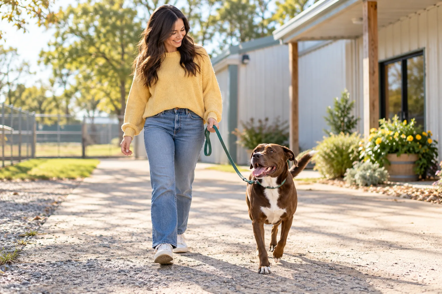 A woman volunteer walking a happy brown dog on a slack leash beside the small rescue shelter, sunny late morning, wide composition