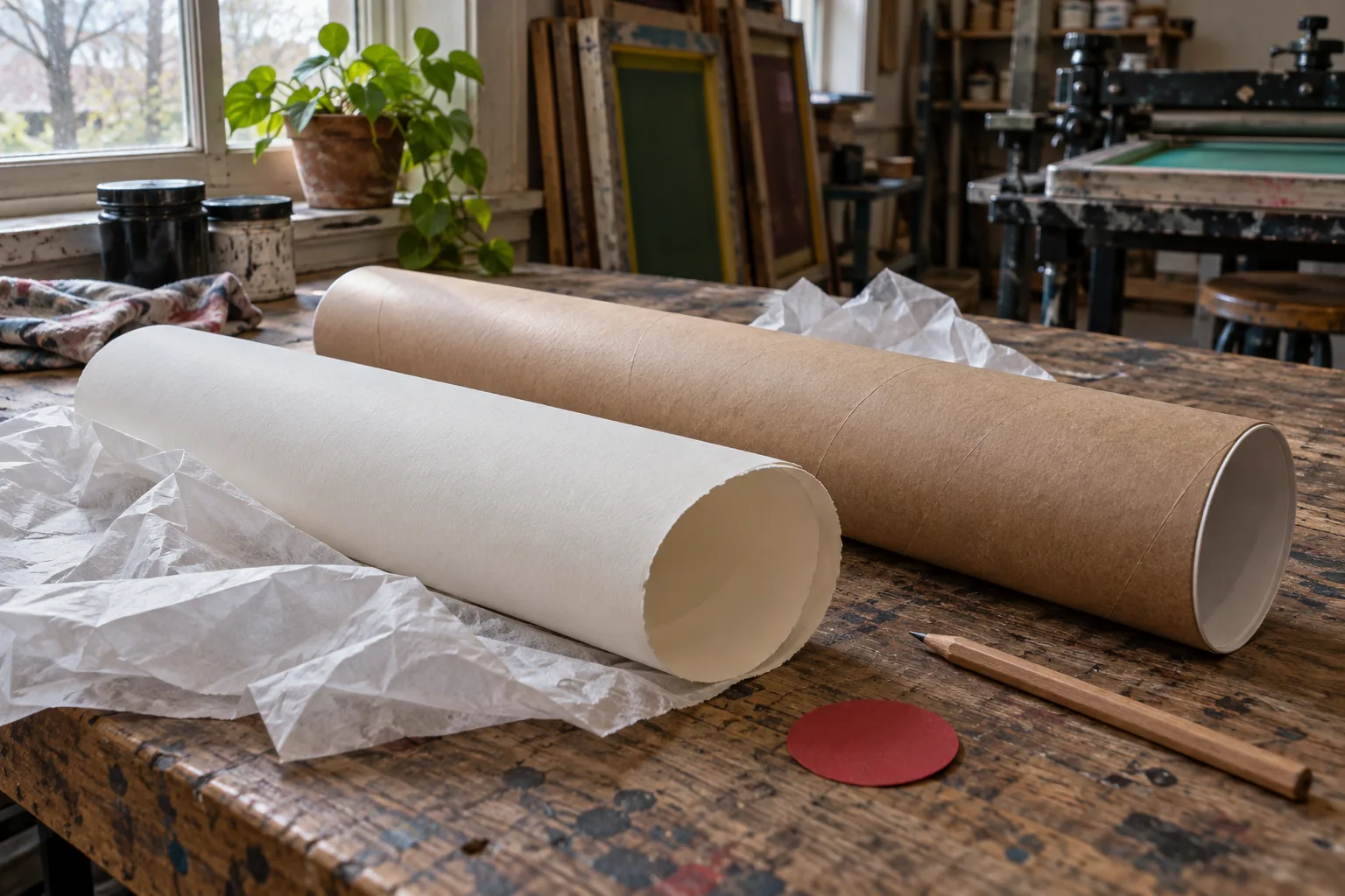 A plain kraft tube and rolled cotton paper ready for packing