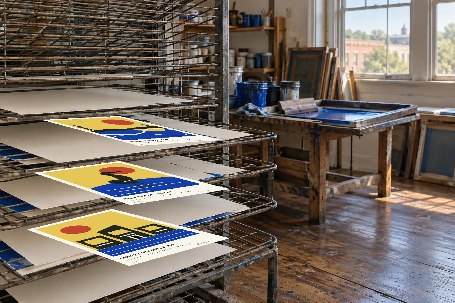 Original Delta Light prints drying on a studio rack