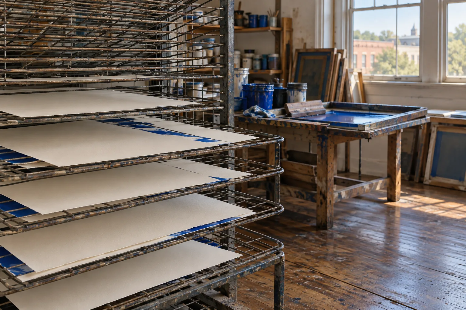 Cotton sheets on a metal drying rack in the print studio