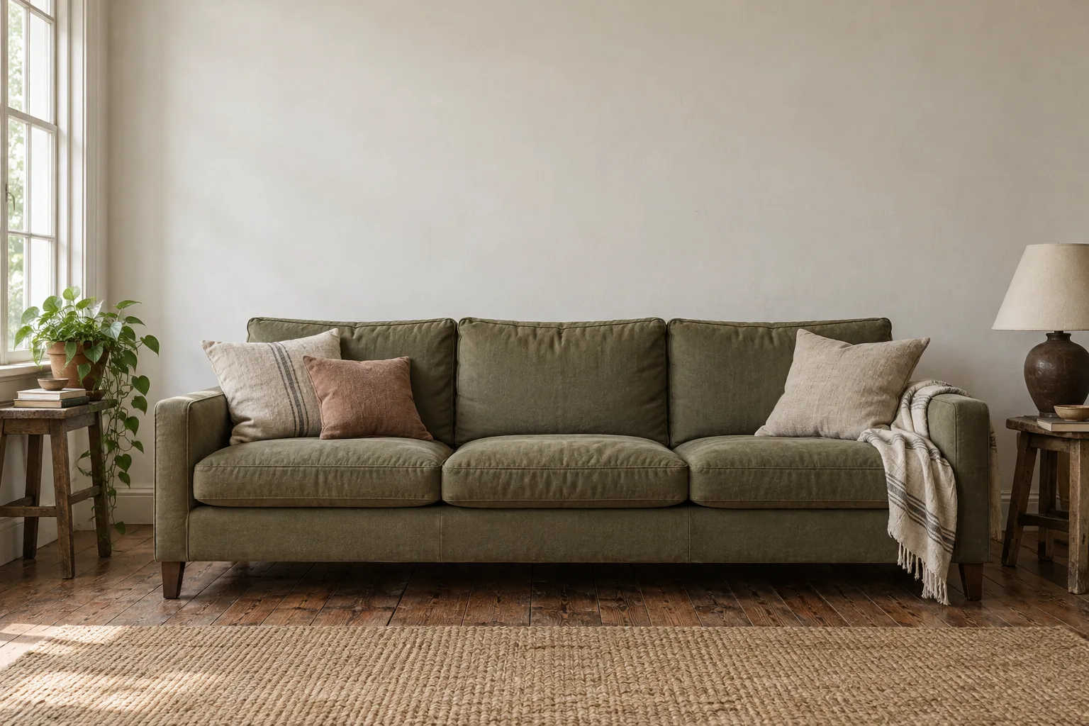 Linen sofa in a modest sunlit room