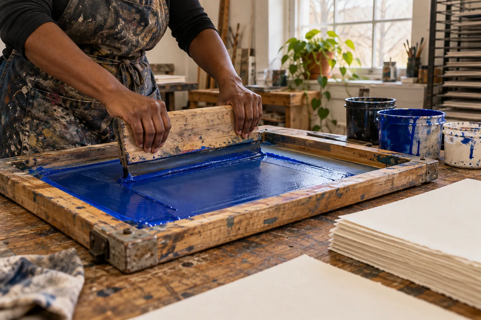 Blue ink being pulled across a wooden screen in the studio