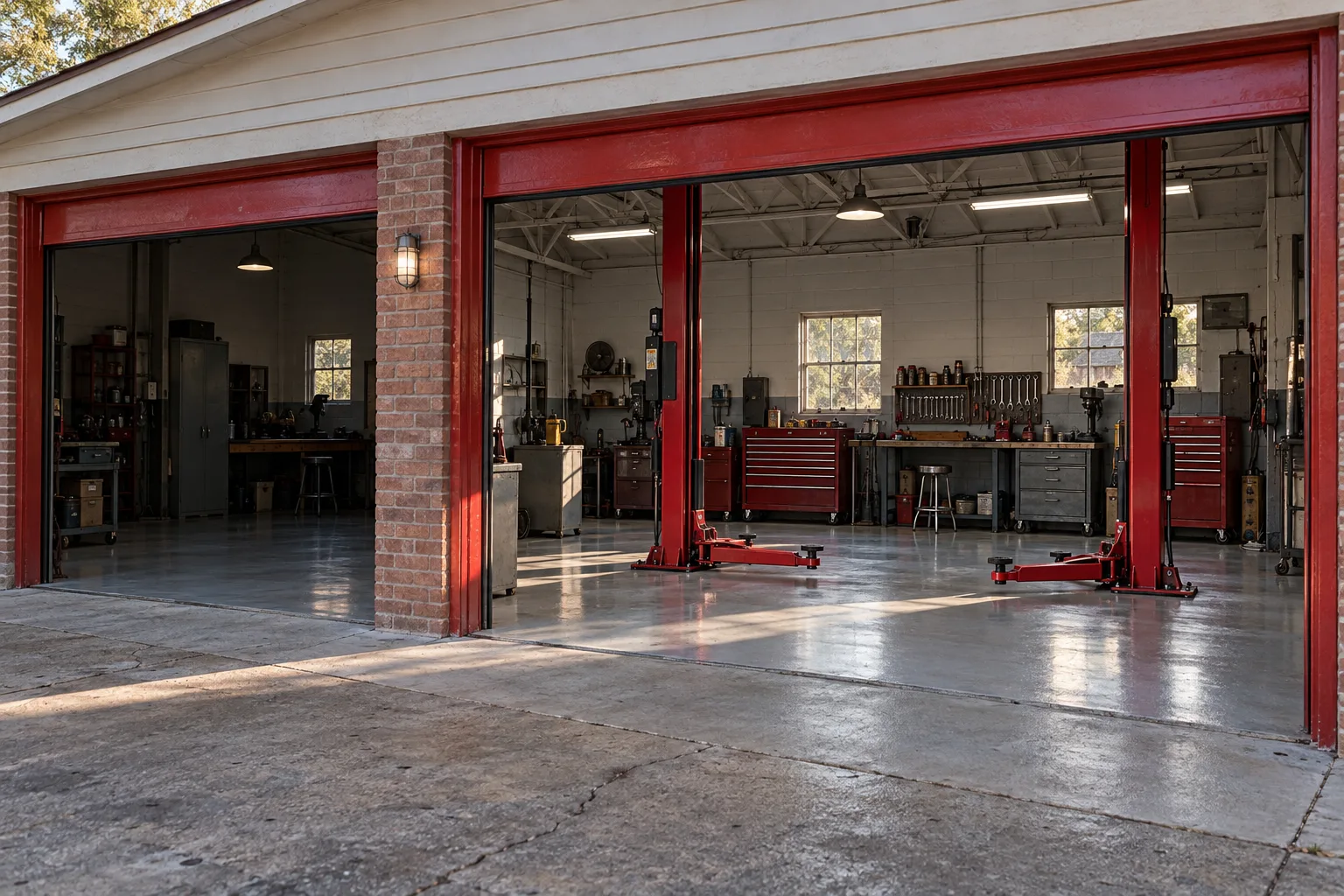 Empty repair bay with red two-post lift