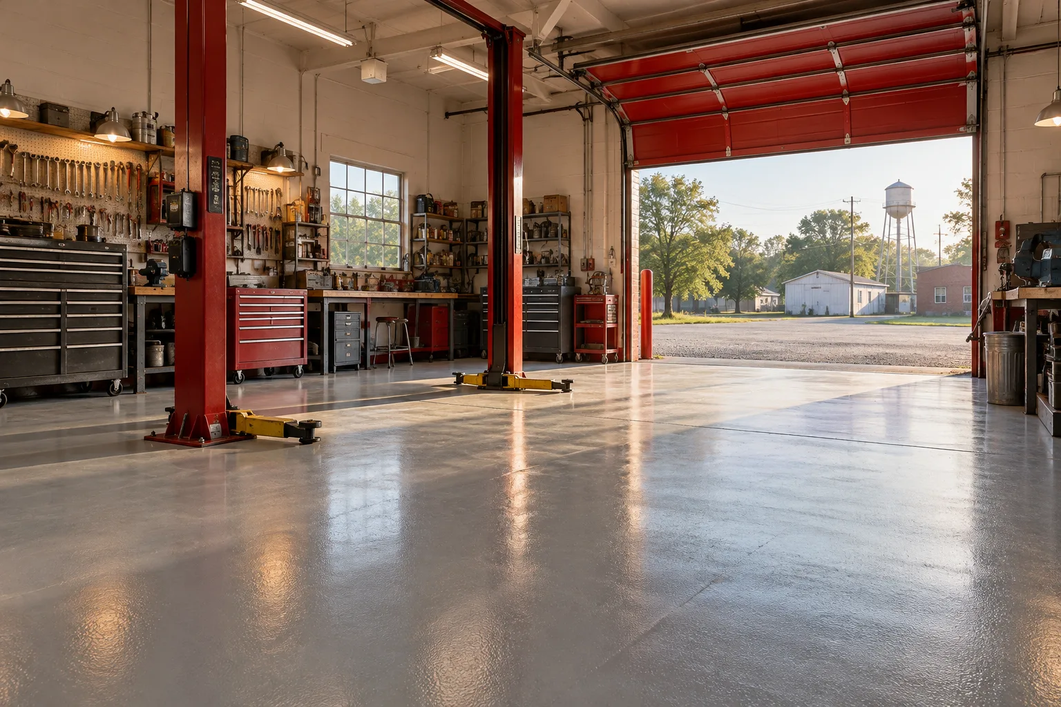 Tidy garage floor and red service bay