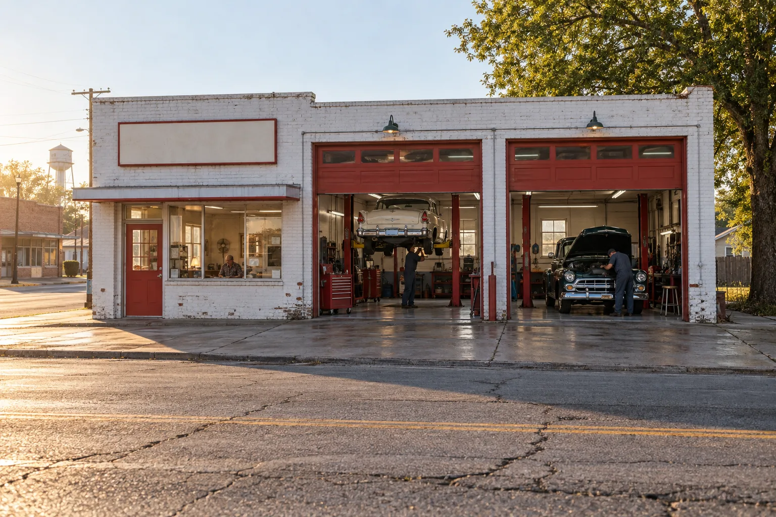 The garage today with red enamel bay doors