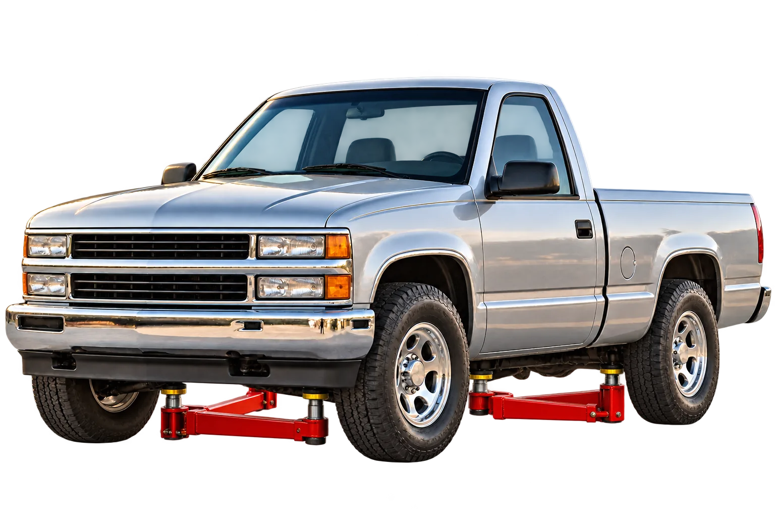 Silver pickup rising on the lift