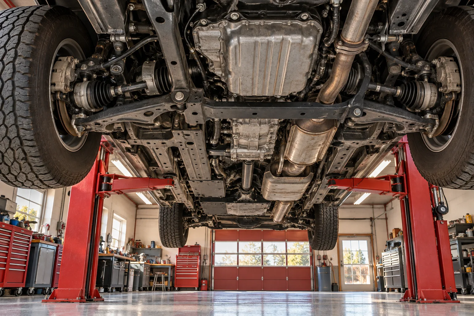 Pickup underside showing the parts checked during an inspection