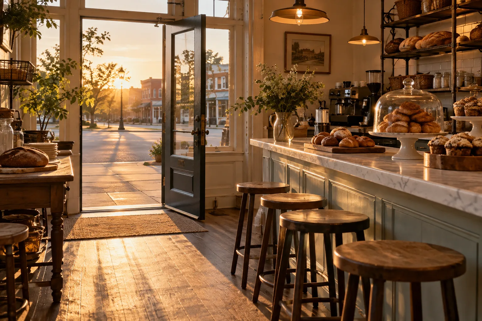 Morning light through the open bakery door