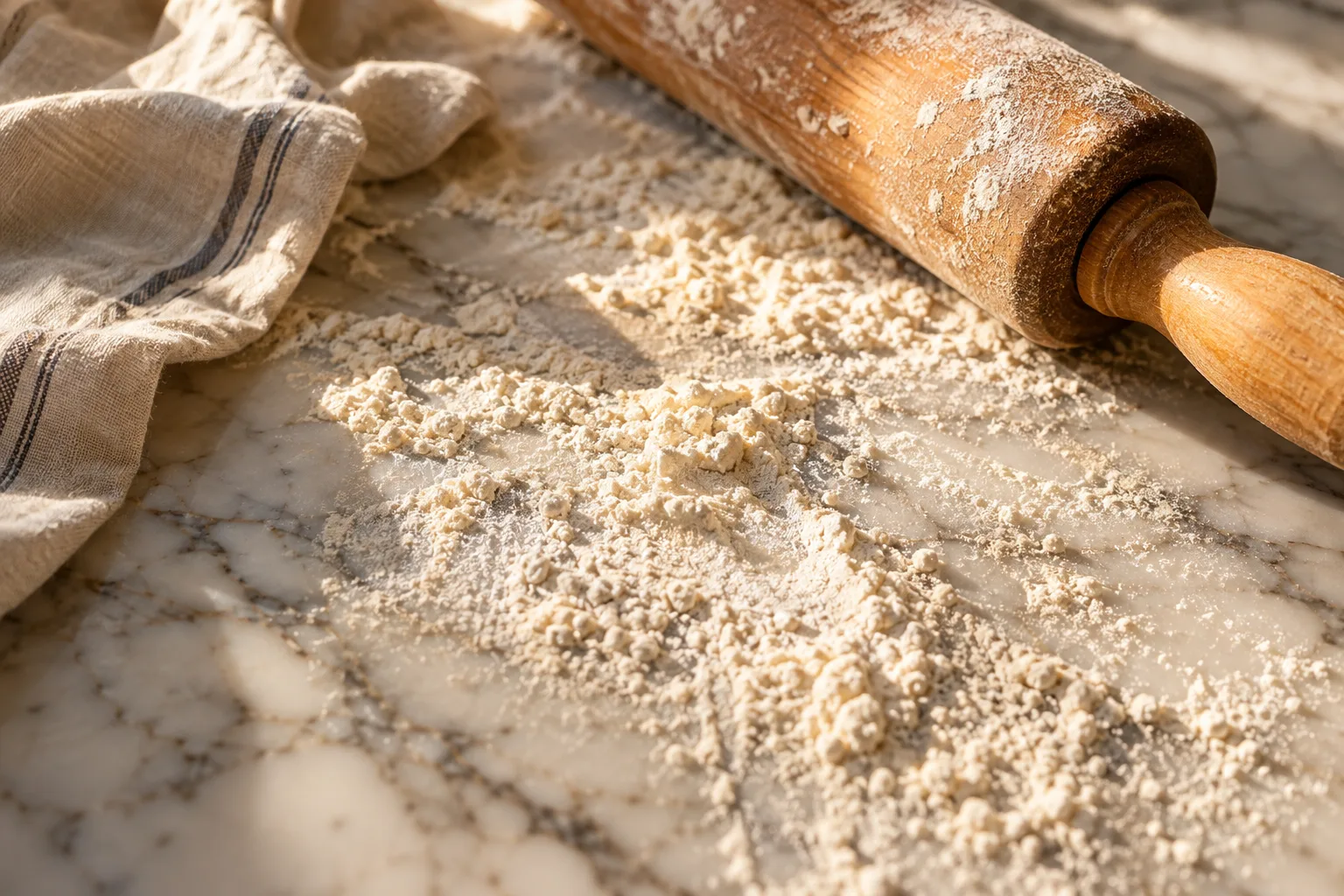 Flour on a marble counter beside linen and a rolling pin