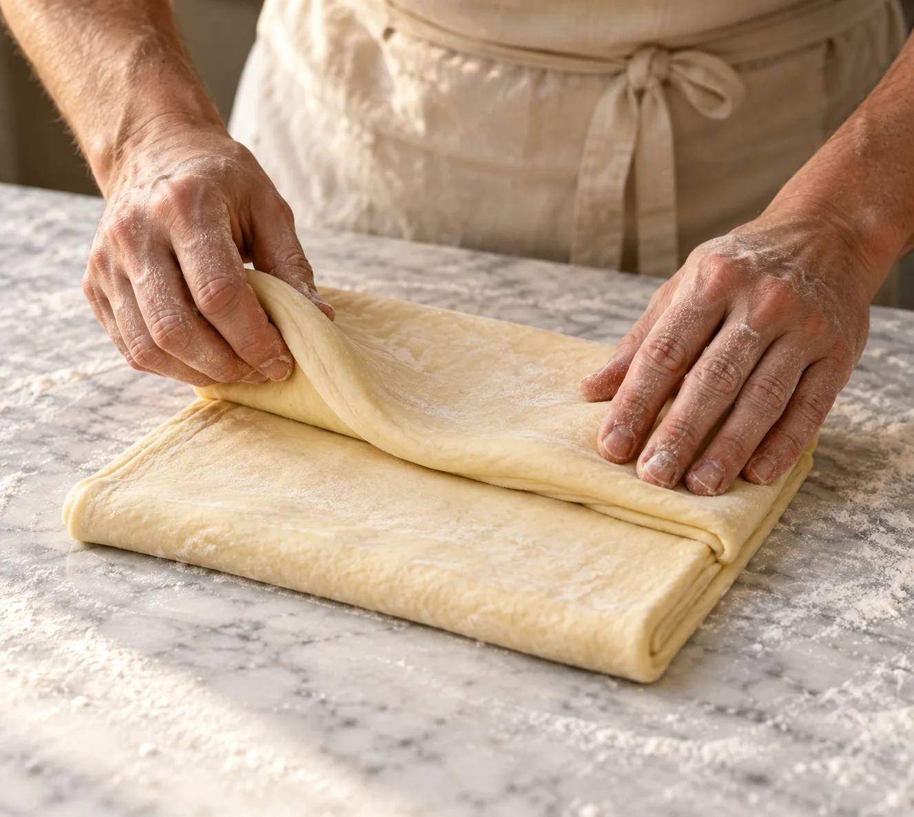 Flour-dusted hands folding laminated pastry dough