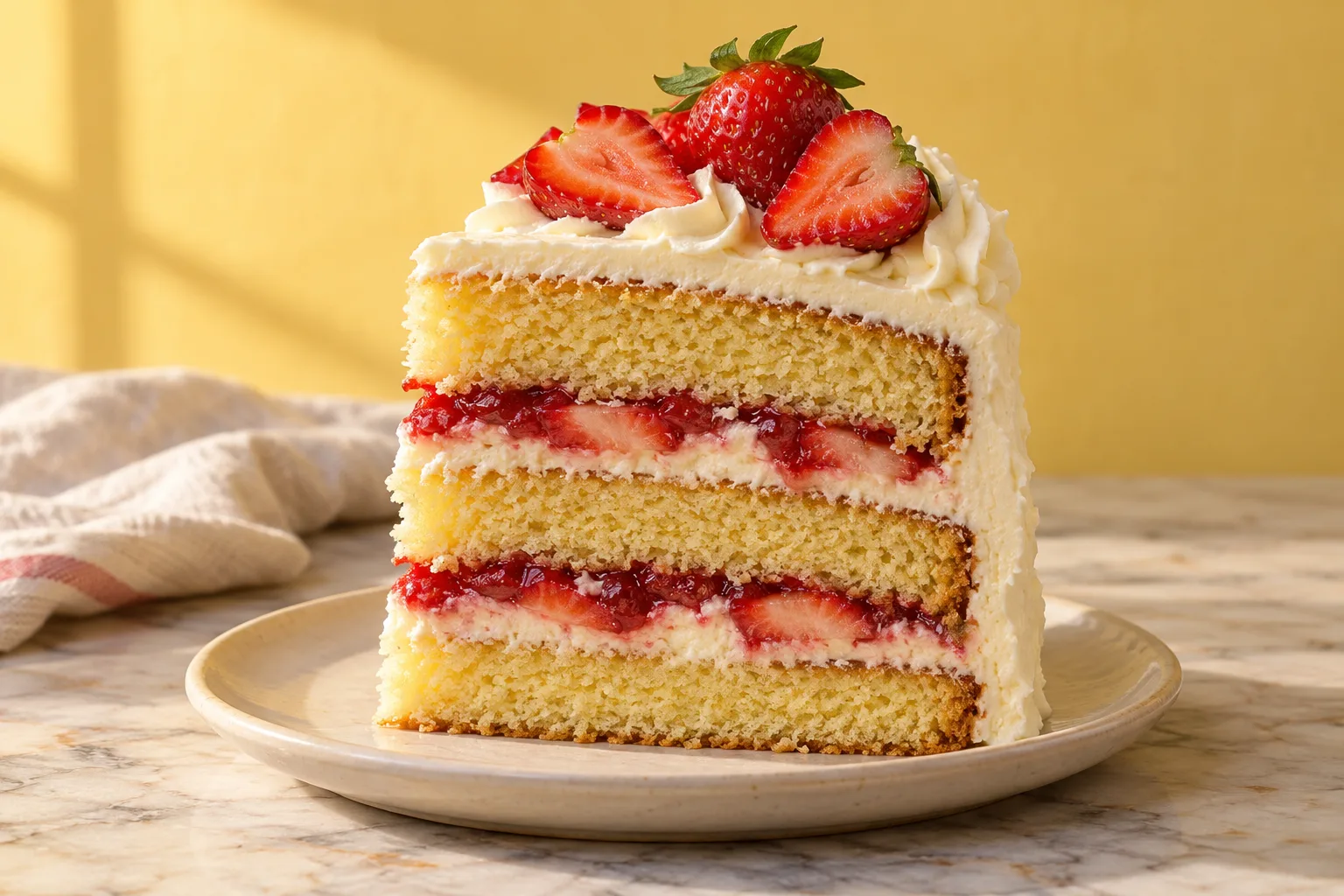 Three-layer vanilla strawberry cake on a cream plate