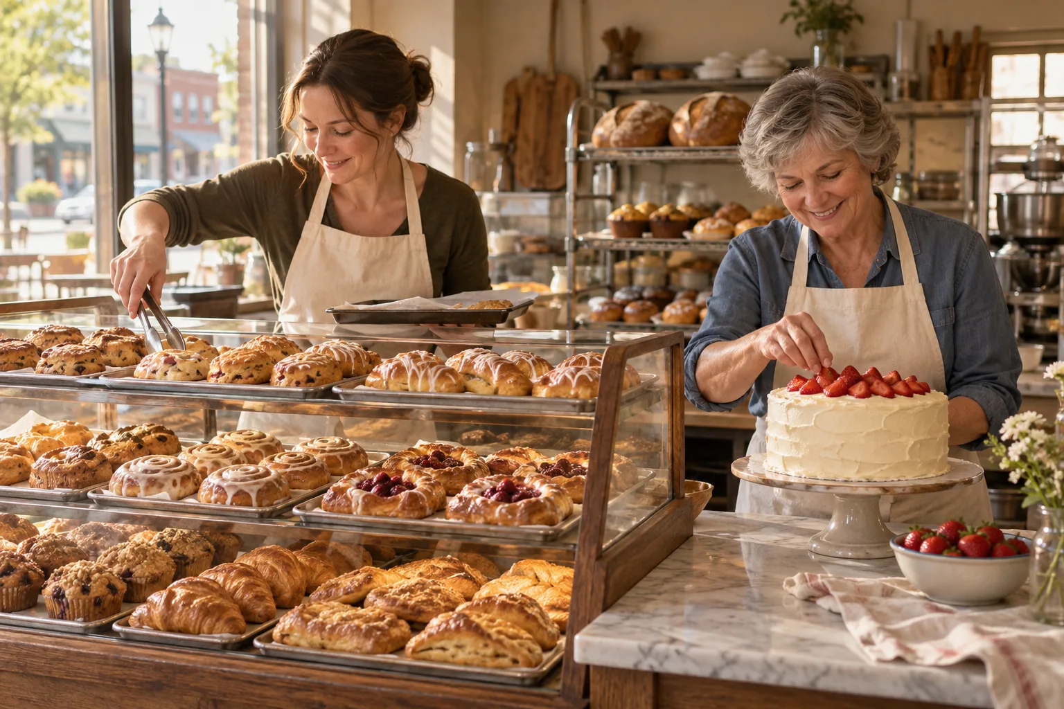 Bakery counter with a full pastry case in morning light