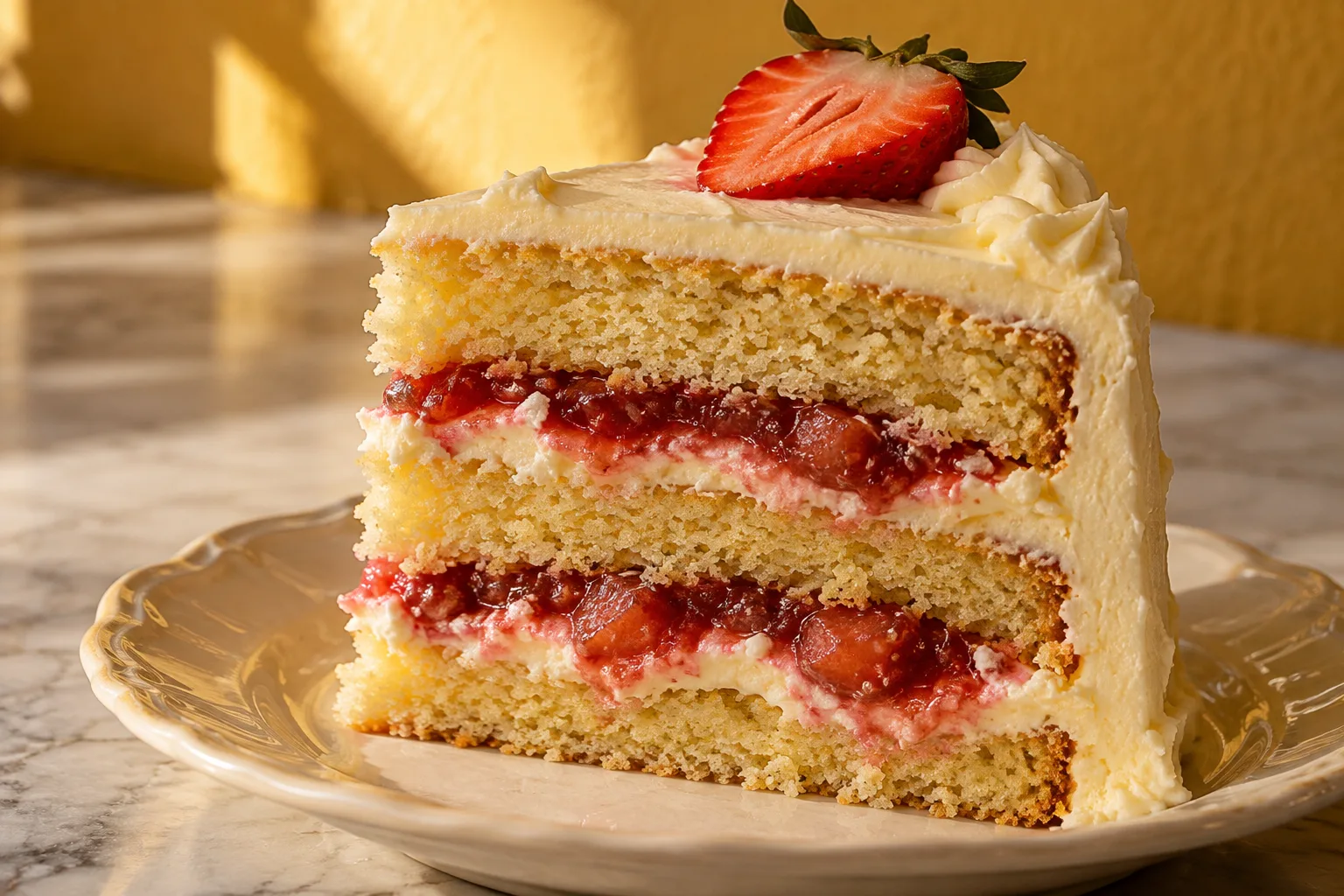 Vanilla sponge with strawberry filling and buttercream
