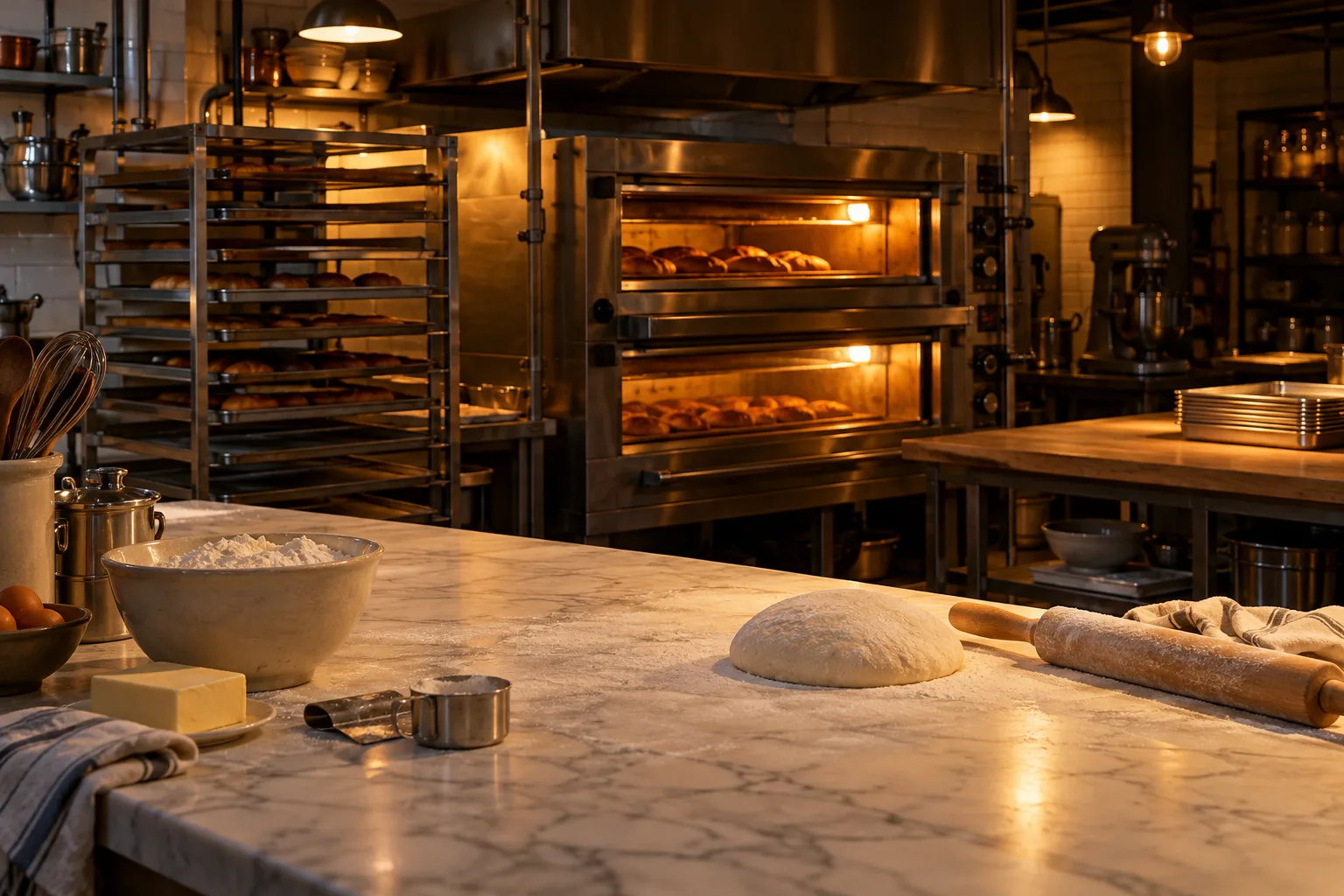 Bakery ovens in warm early-morning light