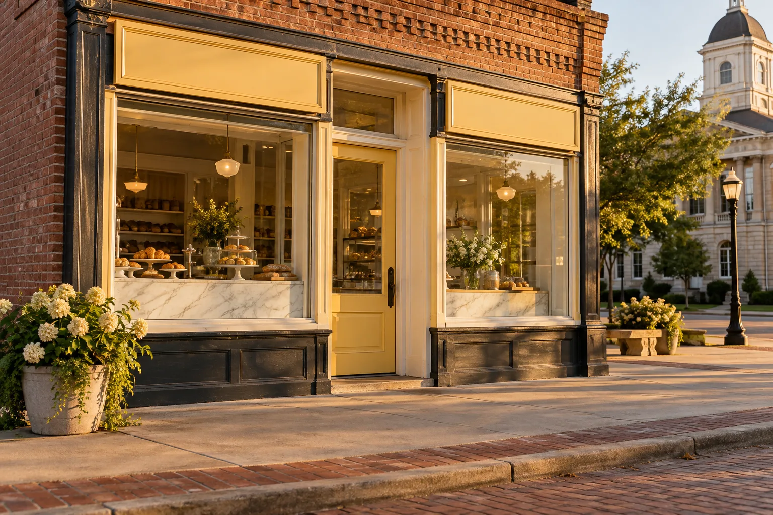 Brick bakery storefront with a yellow door on the square