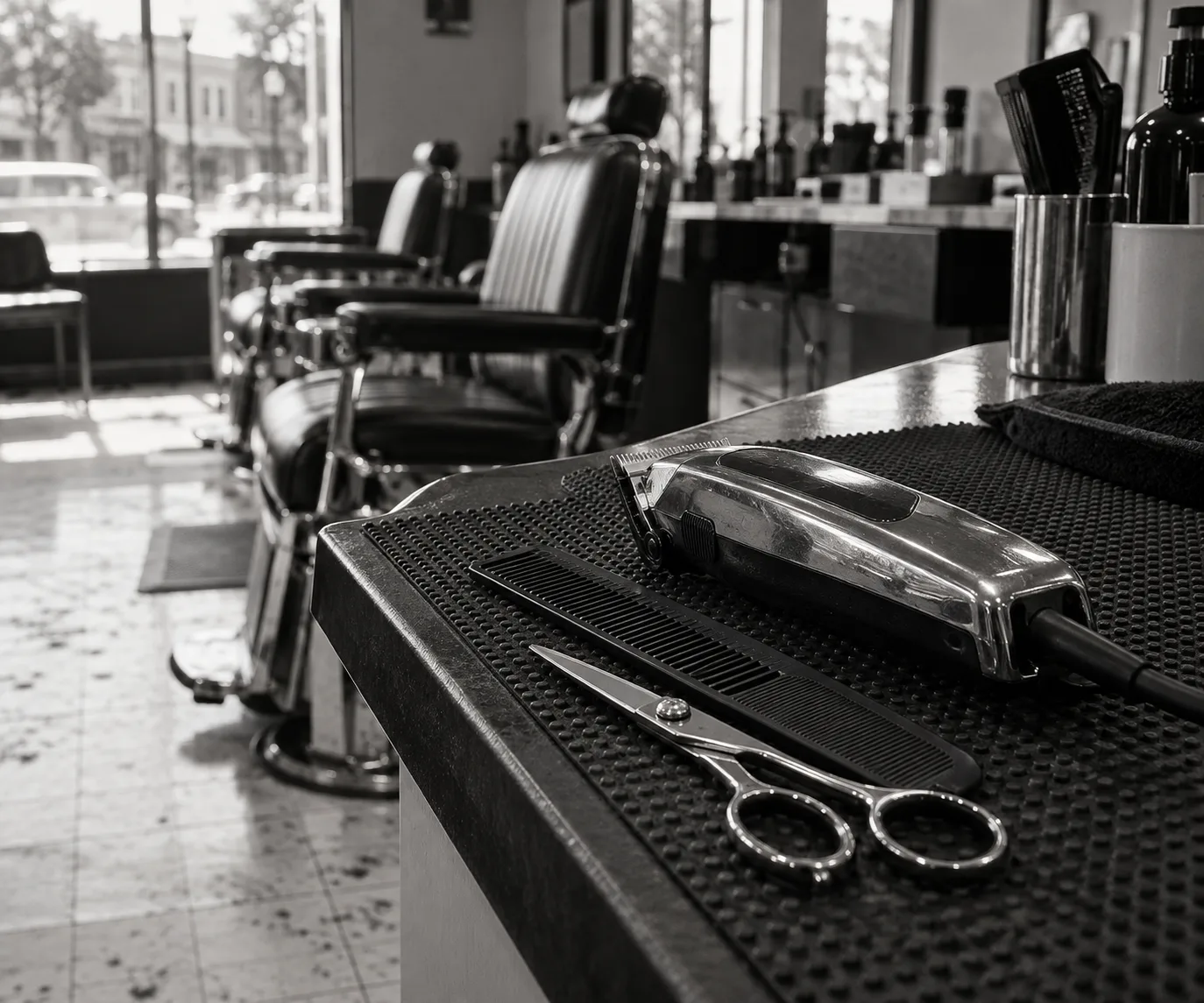 Clippers and comb arranged on a clean barber station