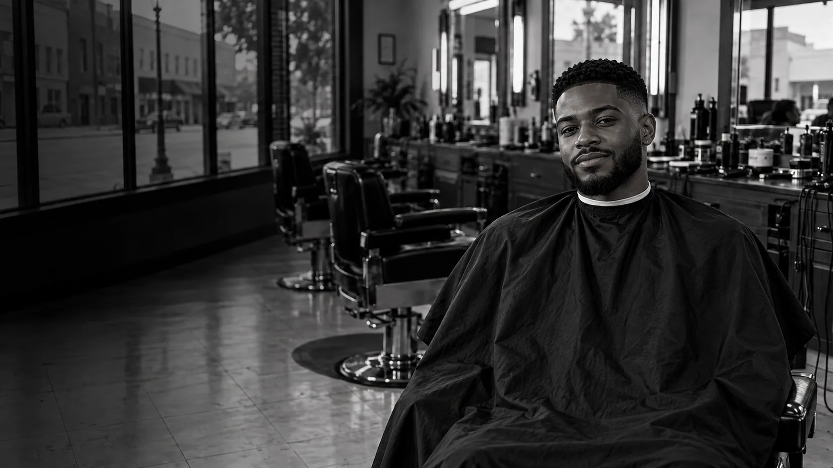 The client faces the camera with a finished low fade