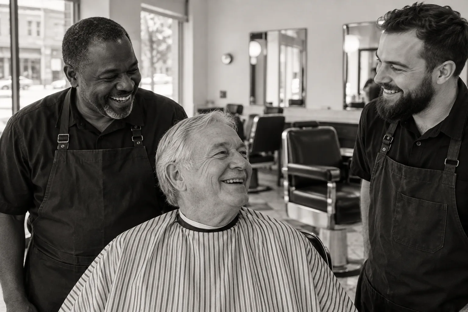 Barbers sharing a laugh with a regular in the shop