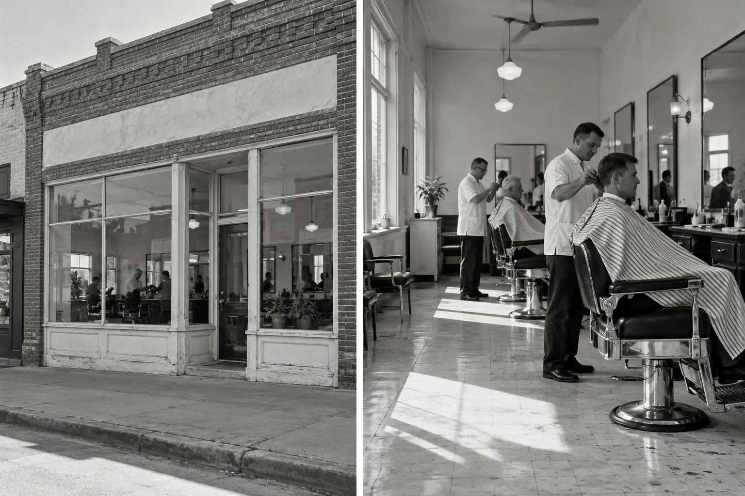 A modest downtown brick storefront with blank windows