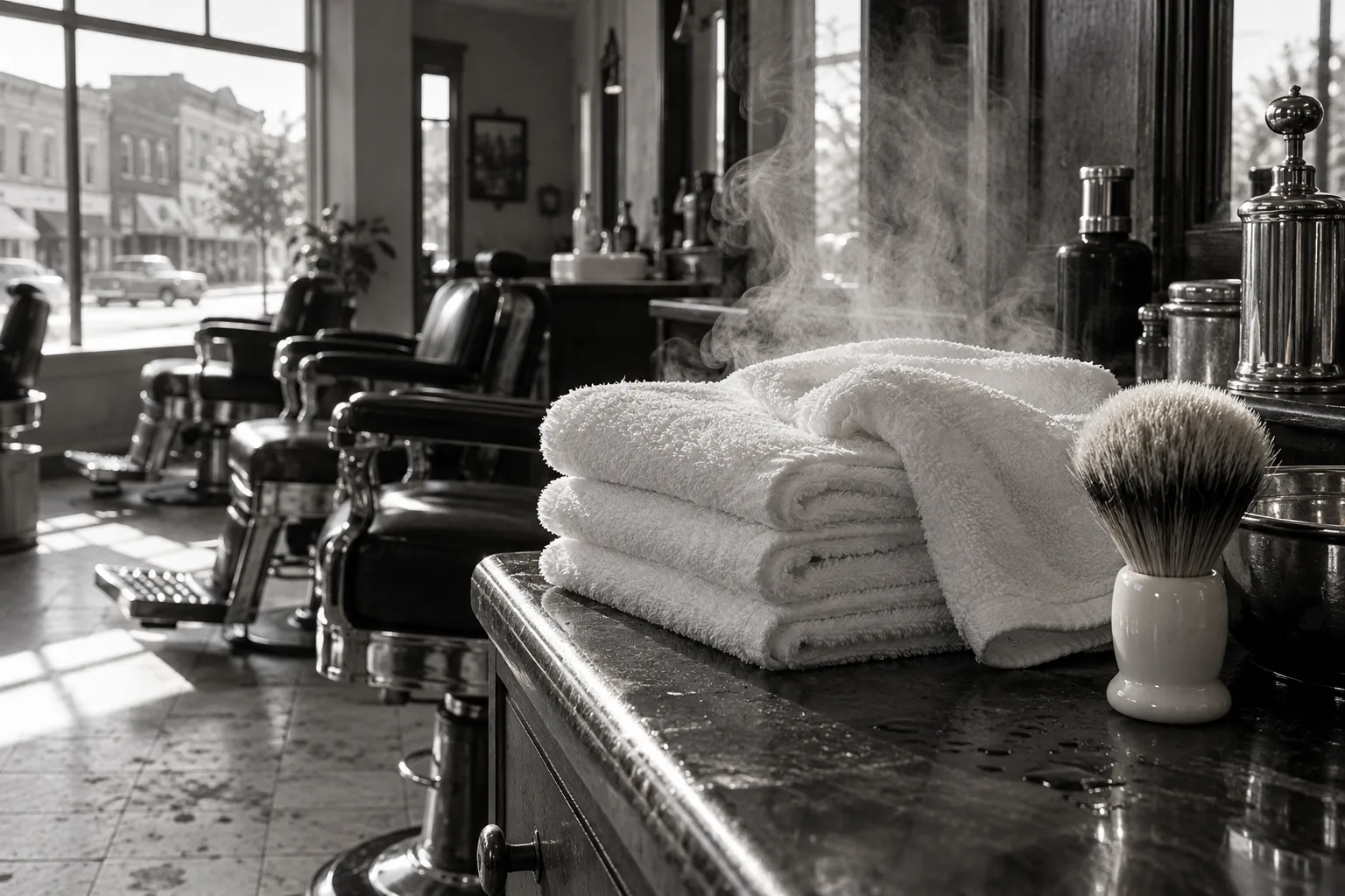 A neatly folded hot towel beside a plain shaving brush