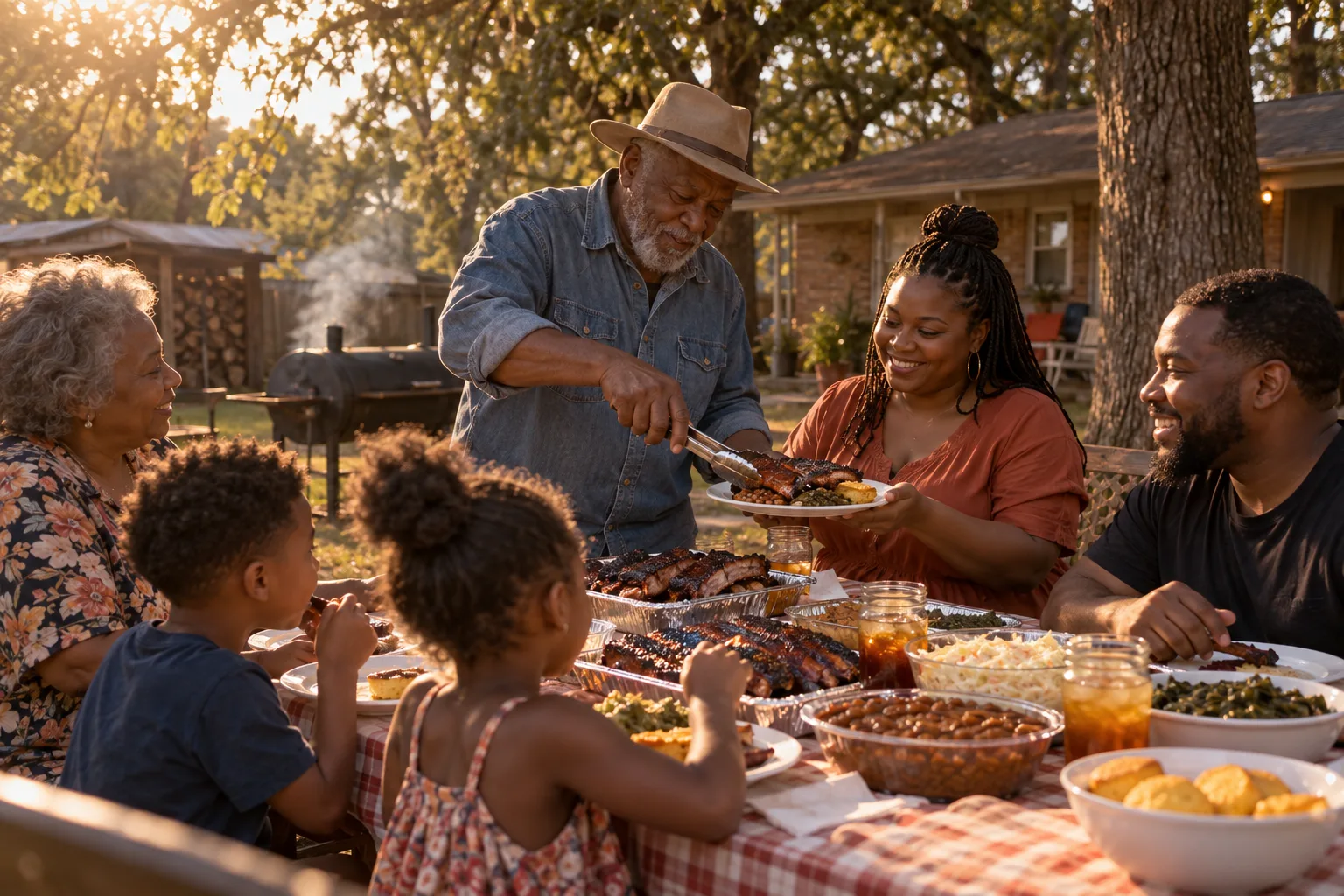 The Freeman family shares a backyard meal beneath pecan trees