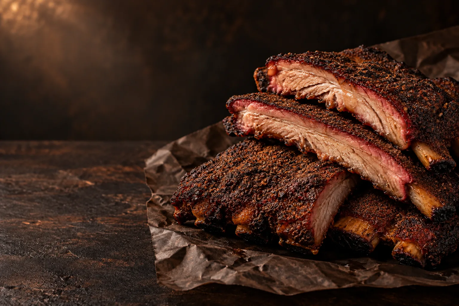 Sliced smoked ribs with peppery bark on dark butcher paper