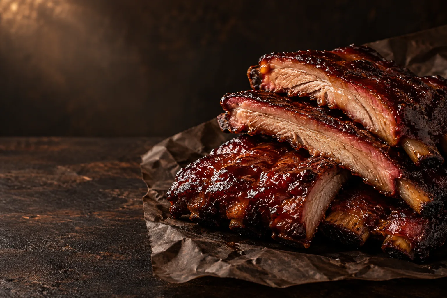 Sliced ribs coated in thick glossy mahogany sauce