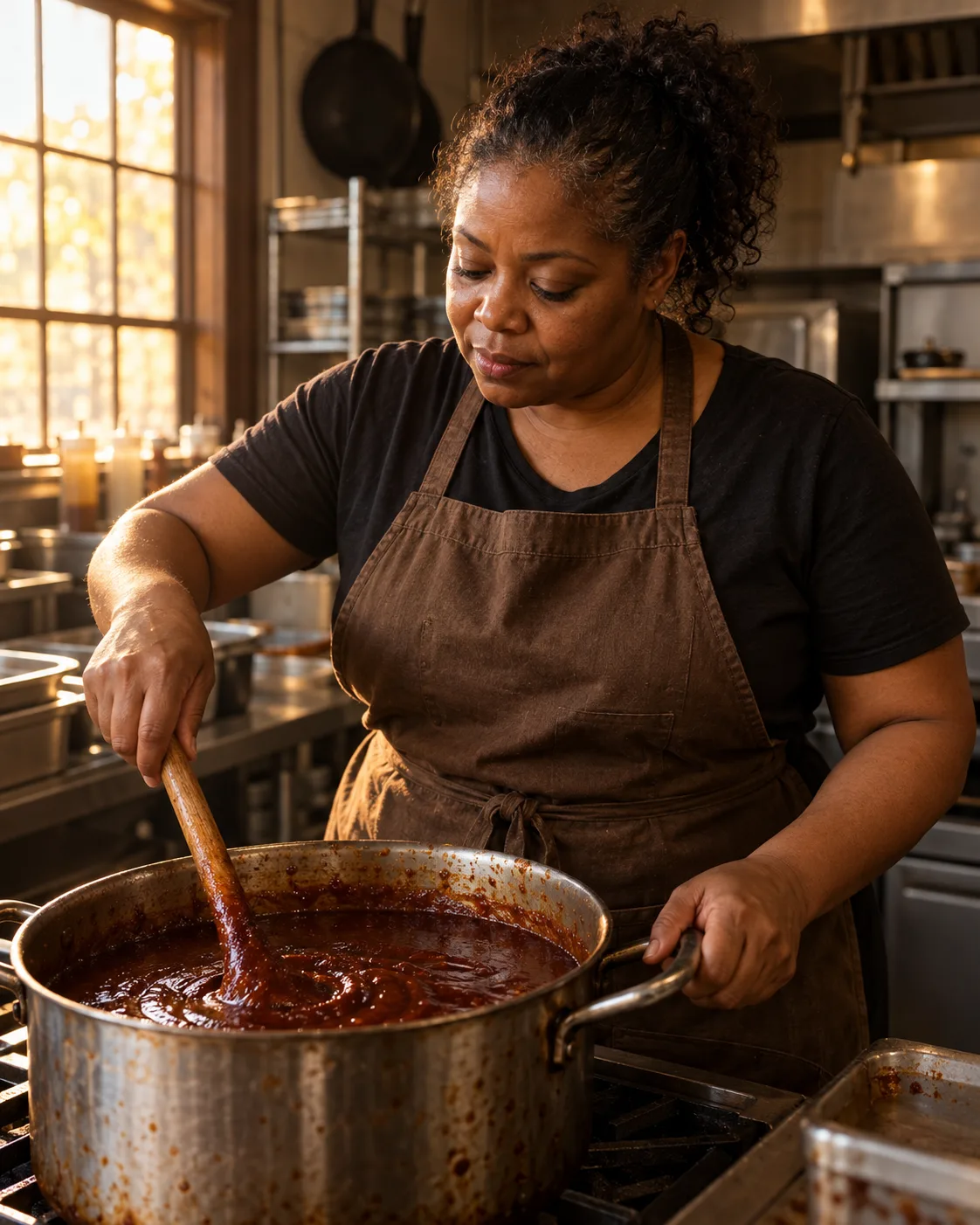 Lena Freeman stirring a pot of sauce in the family kitchen