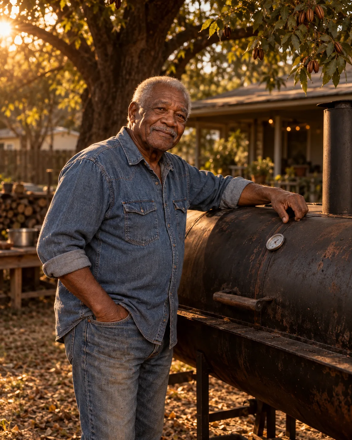 Otis Freeman beside his backyard smoker under a pecan tree