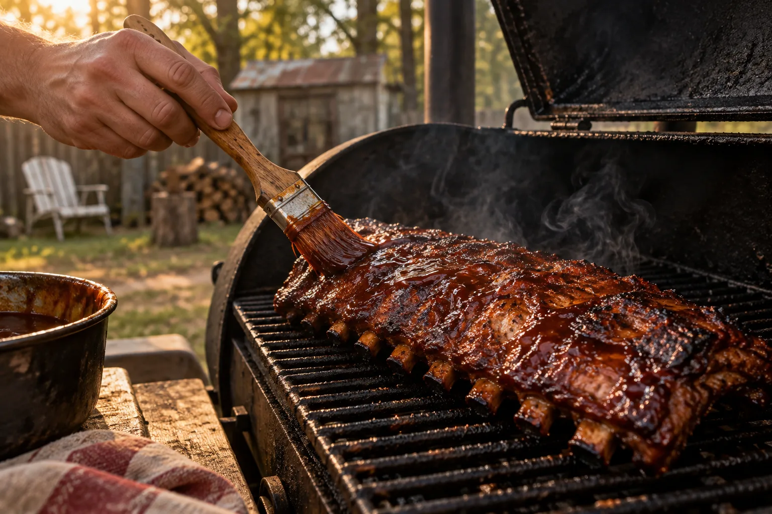 A cook brushes sauce onto ribs on a smoker grate