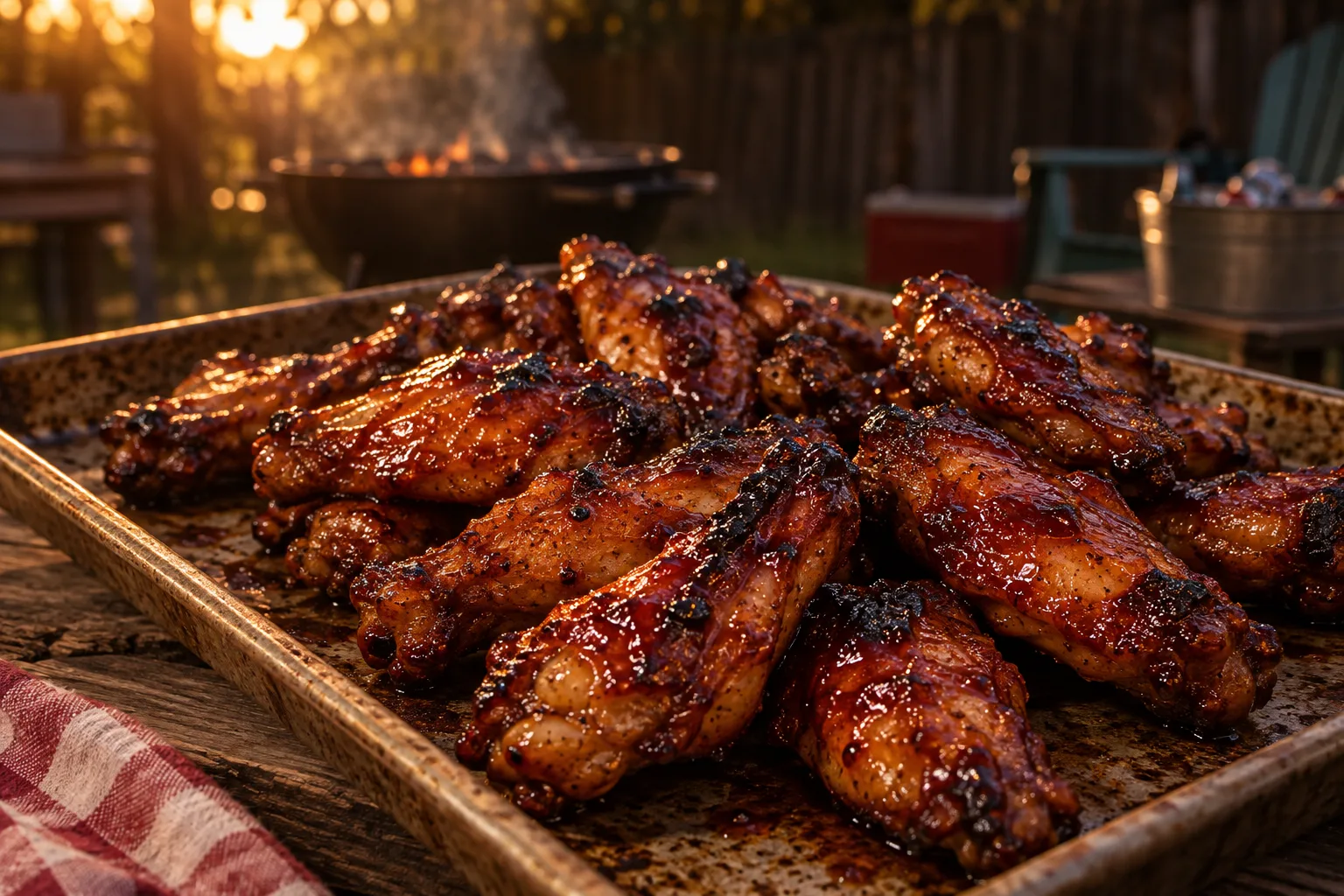 Sticky Sweet Heat wings on a worn metal tray