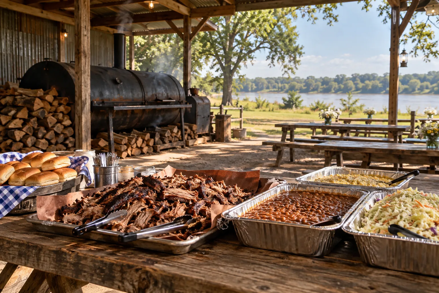 Pork and sides laid out for a reunion buffet.