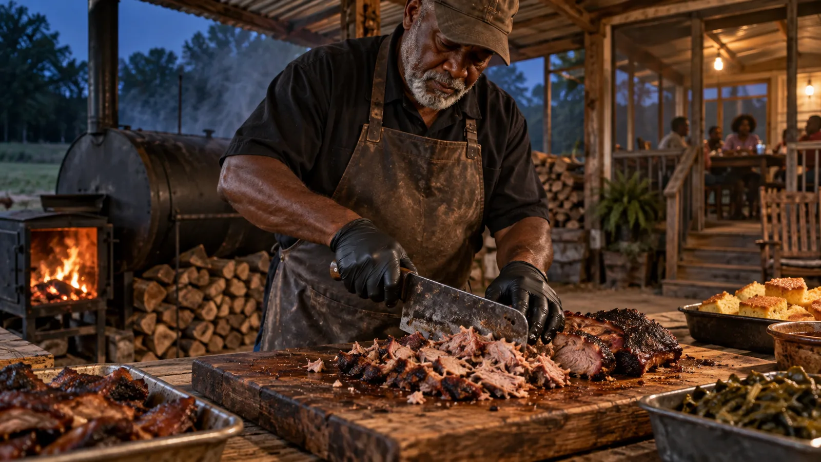 Gloved hands chop cooked pork with a cleaver.