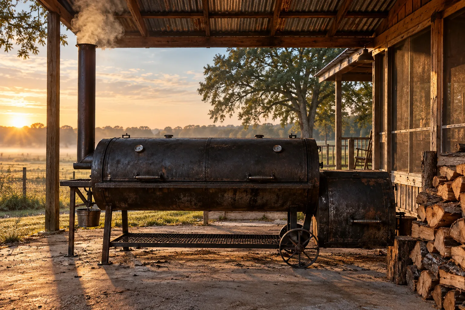 Side view of the offset smoker: chimney left, chamber center, firebox right.