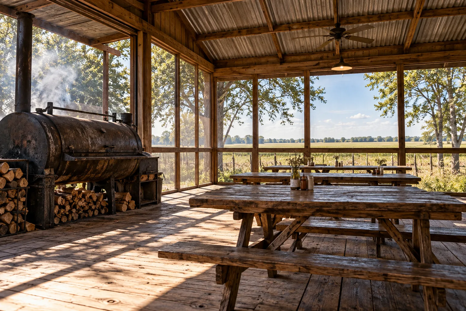 Sunlight falls across the picnic tables on the screened porch.