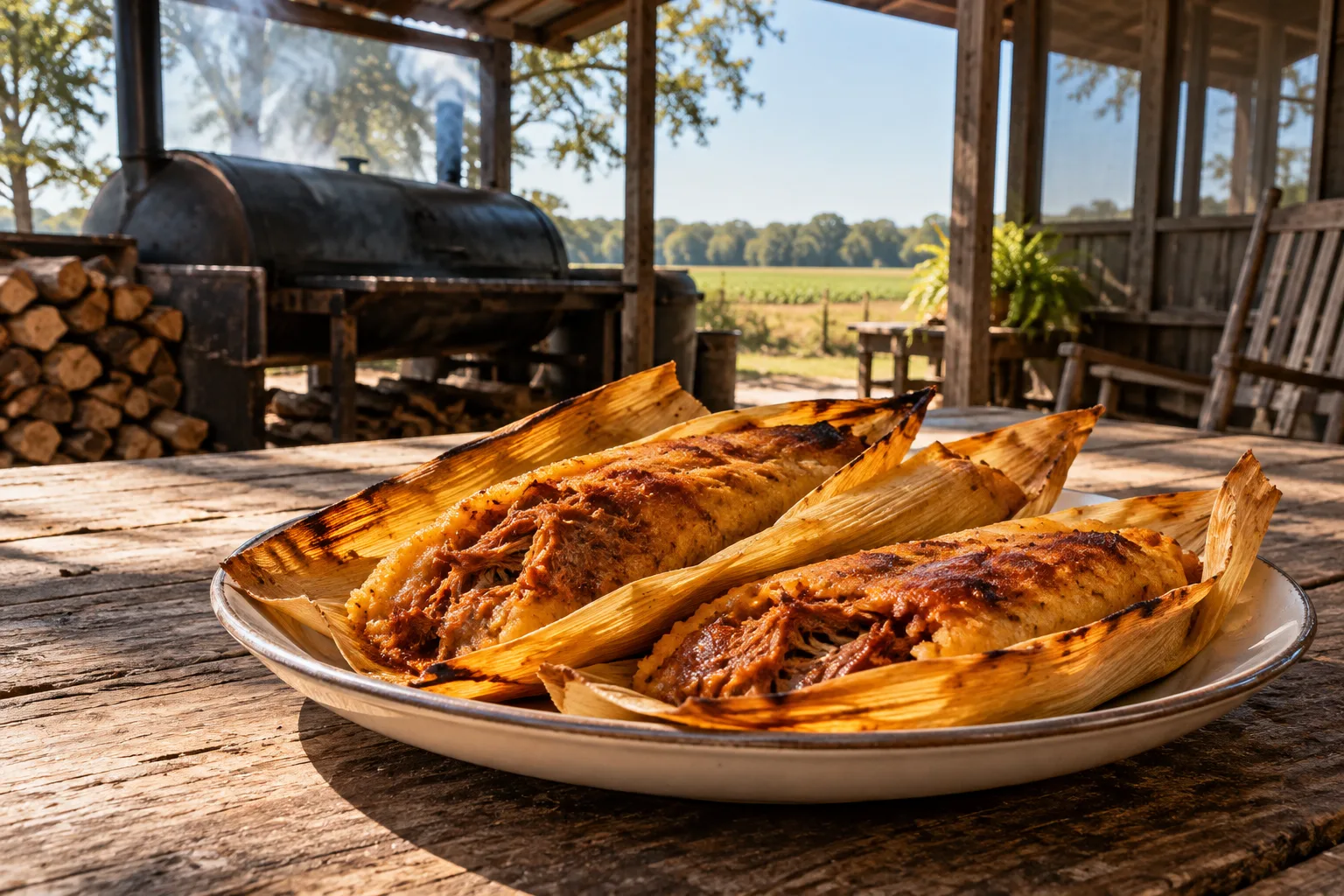 Delta tamales in open corn husks.